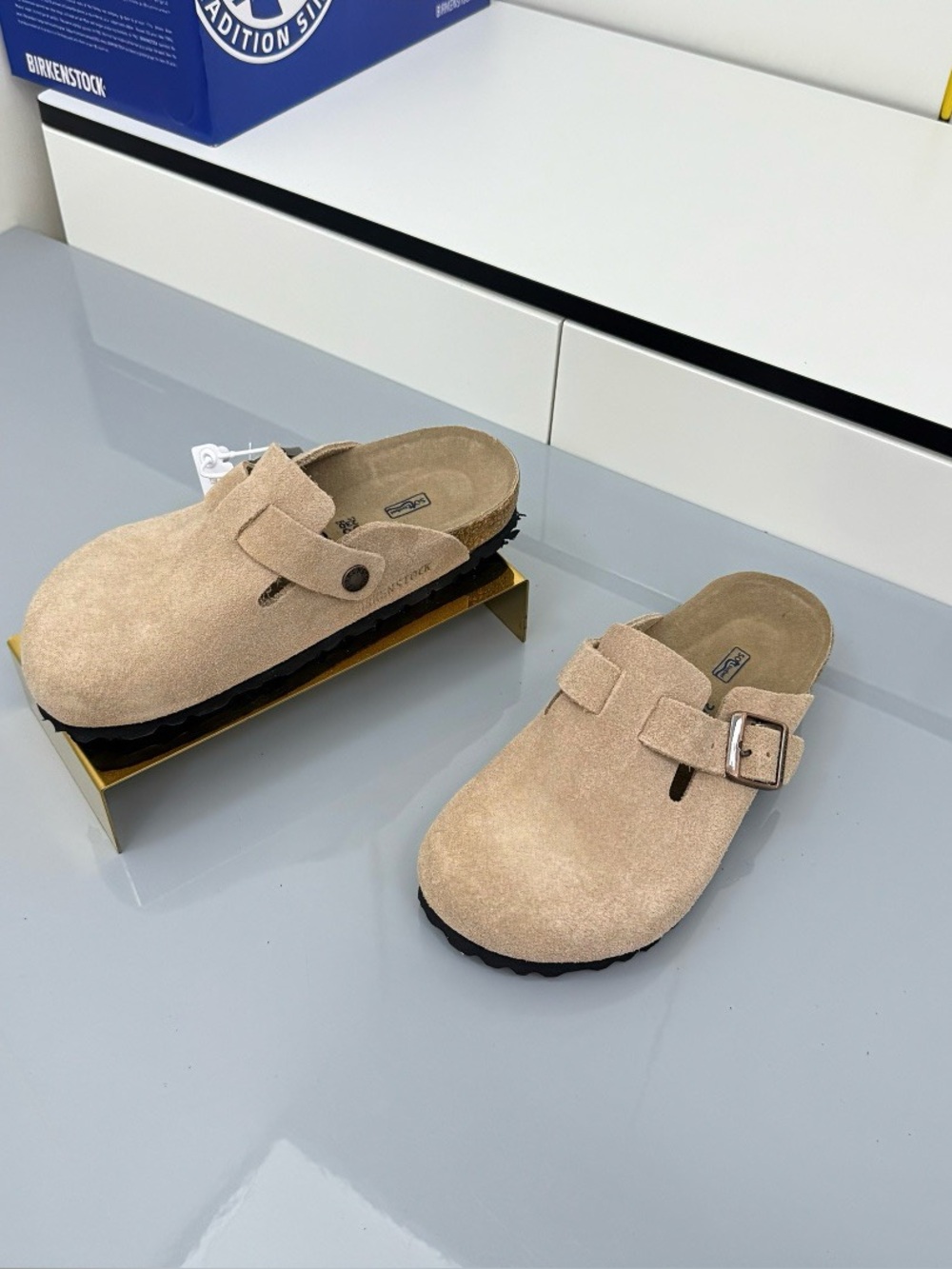 Birkenstock Boston taupe suede mule clogs